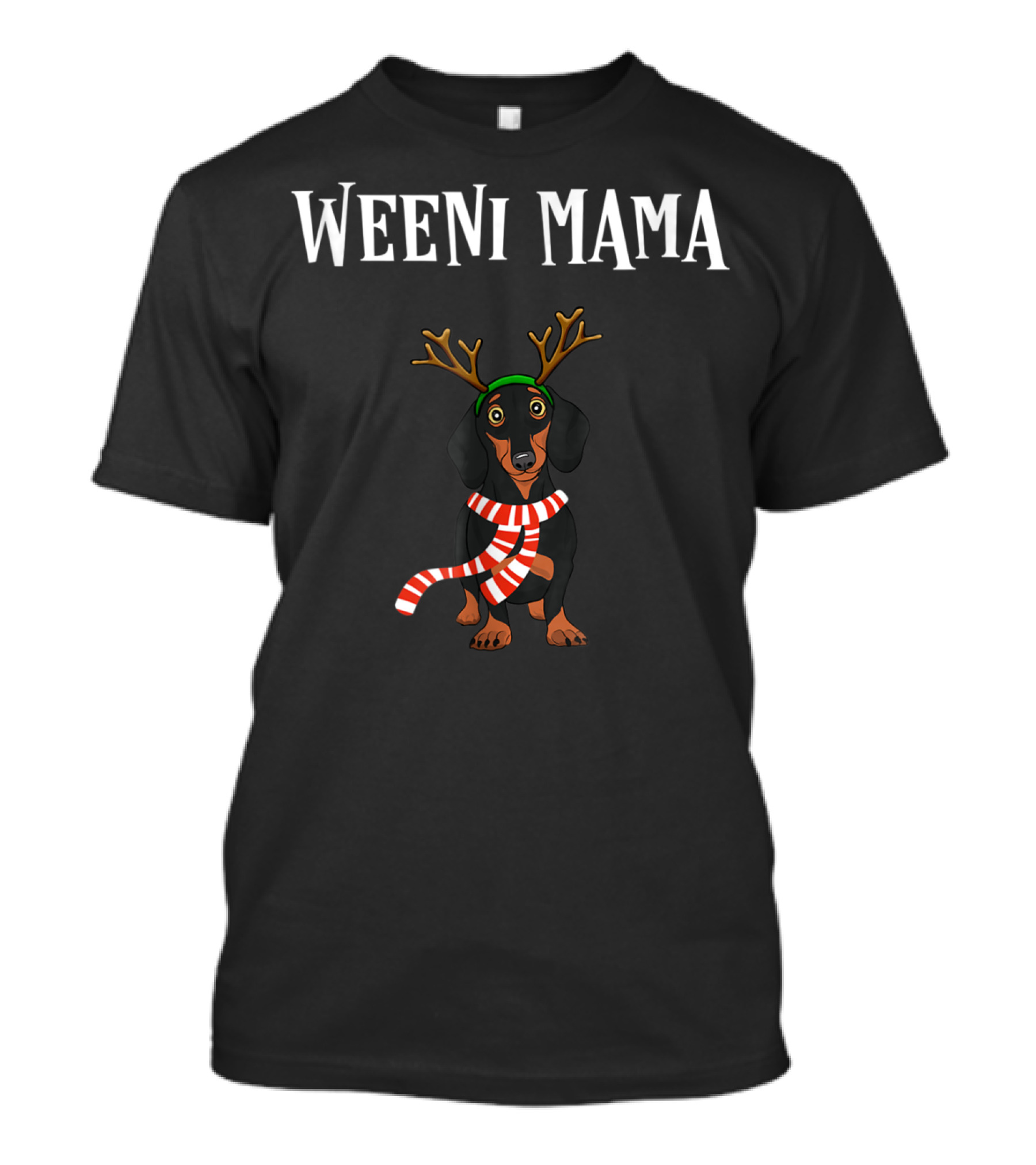 WEENI MAMA Dachshund With Reindeer Antlers And Candy Cane Scarf T-Shirt