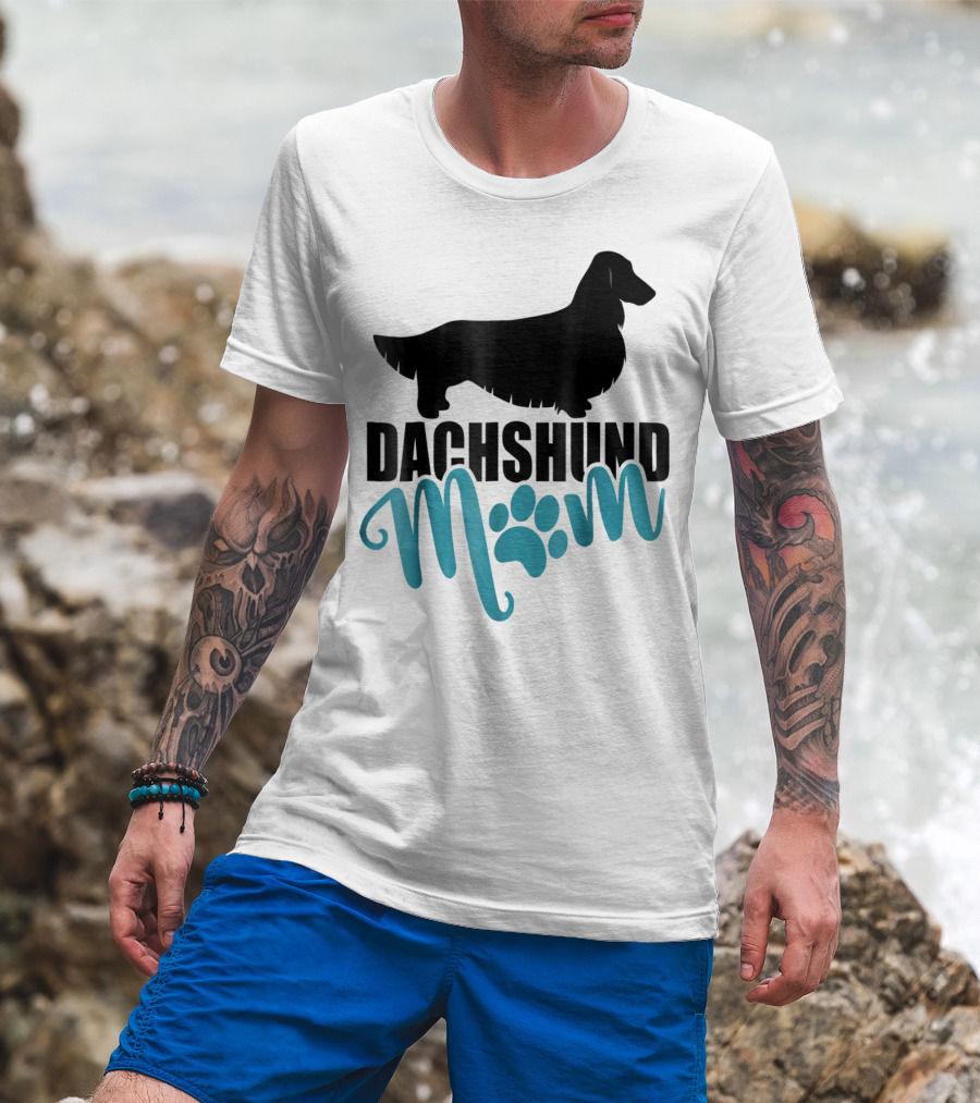 Dachshund Mom Longhair Silhouette With Blue Pawprint Accent T-Shirt
