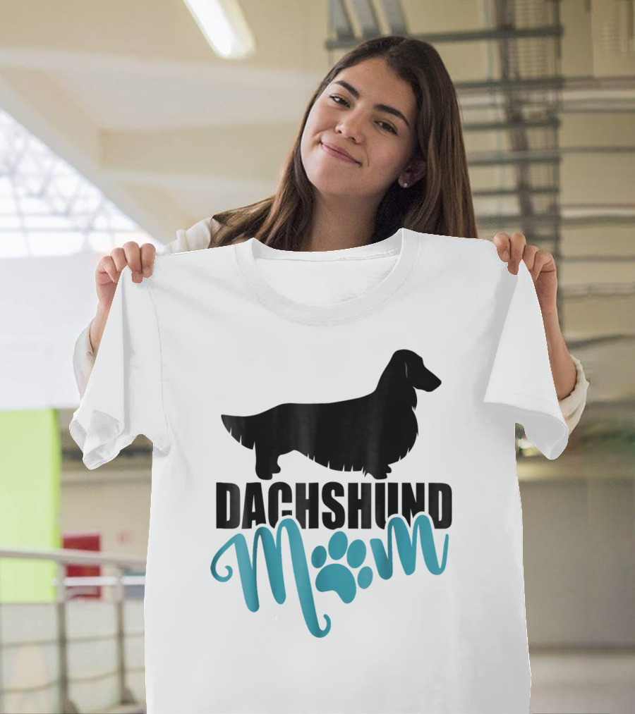 Dachshund Mom Longhair Silhouette With Blue Pawprint Accent T-Shirt