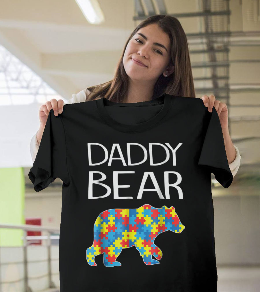 Daddy Bear Autism Puzzle Pattern Child Dad T-Shirt