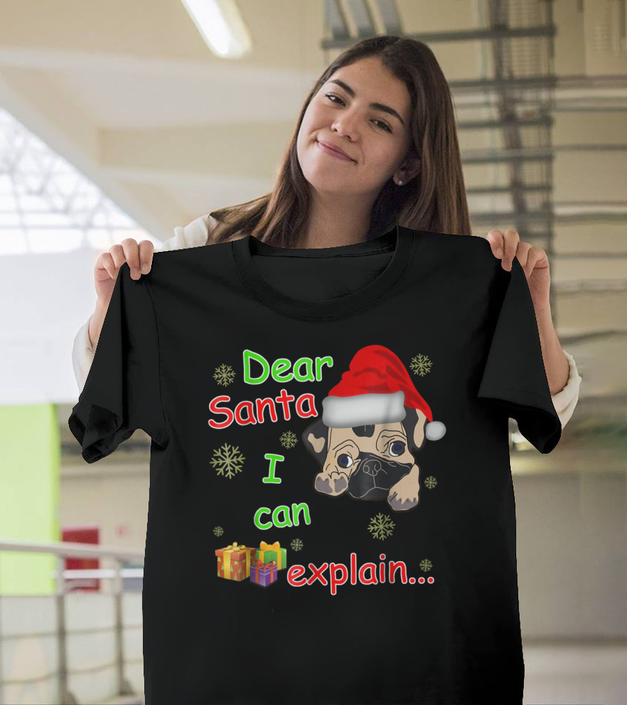 Dear Santa I Can Explain Pug In Santa Hat With Snowflakes And Presents T-Shirt