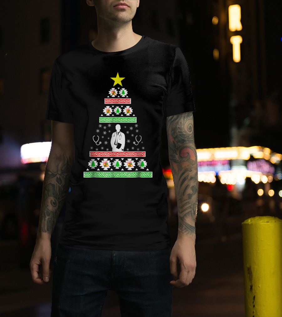 Doctor Christmas Tree Stethoscope Pattern Dad35 T-Shirt
