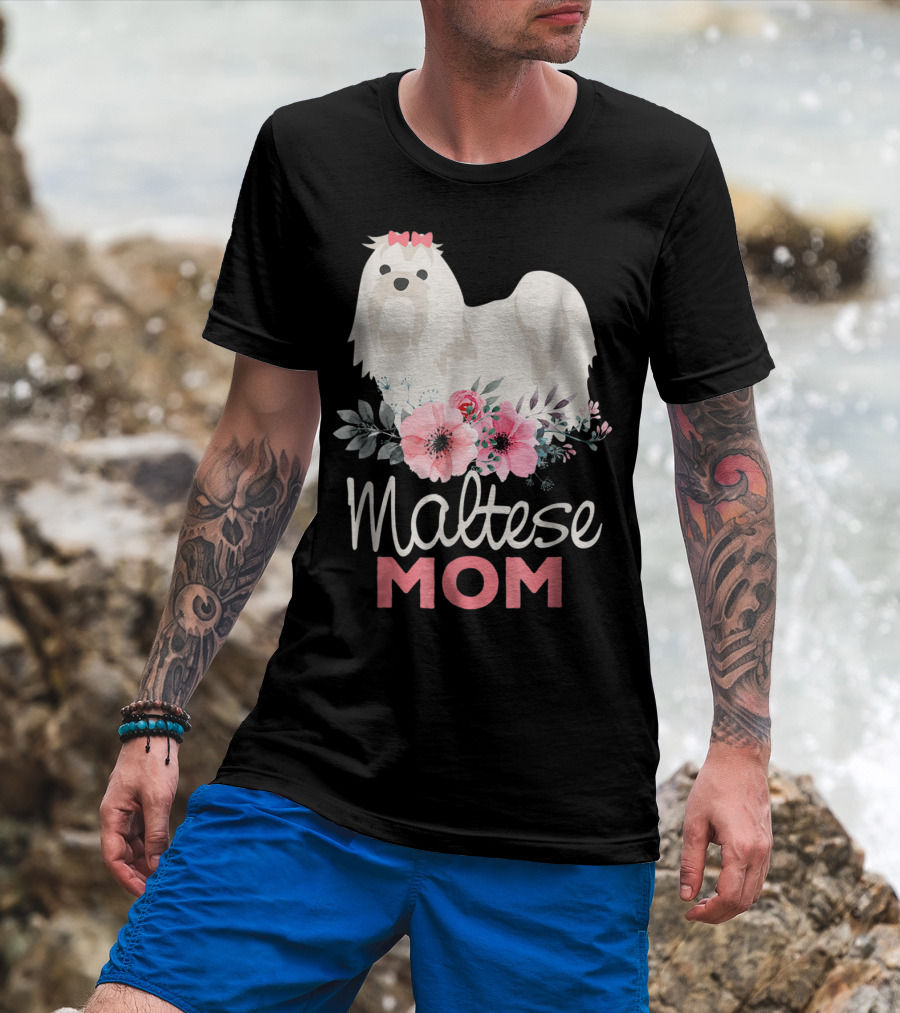 Dog Lovers Maltese Mom Fur Mama Floral Cute Pet Owner T-Shirt