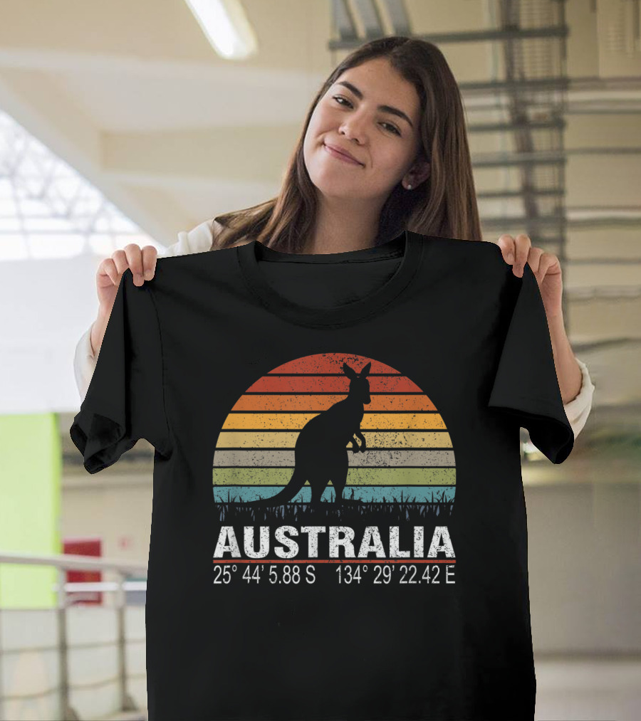 Australia Retro Kangaroo Silhouette Sunset With GPS Coordinates T-Shirt