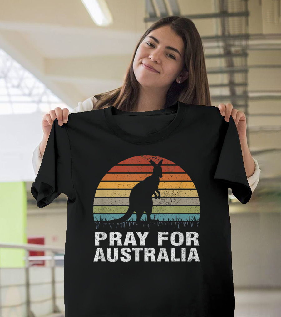 Retro Sun Stripes Kangaroo Silhouette Pray For Australia T-Shirt