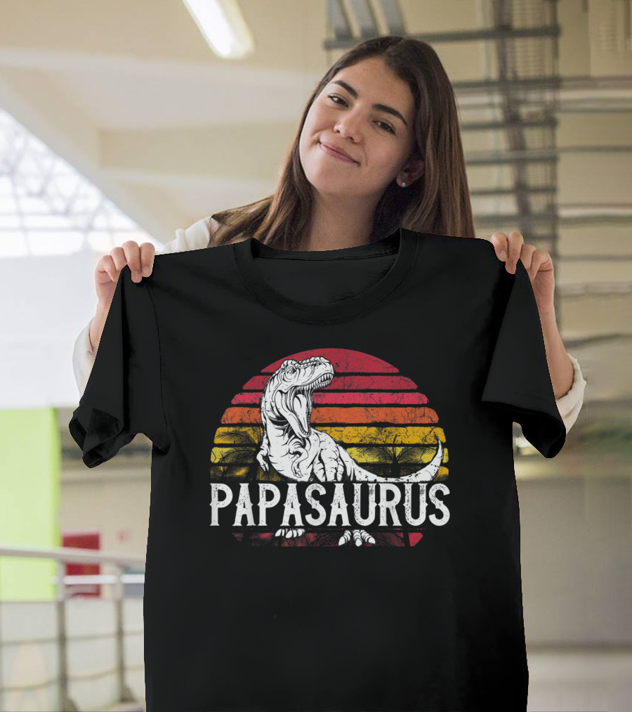 Mens Father's Day Papasaurus Dinosaur Retro Sunset T-Shirt