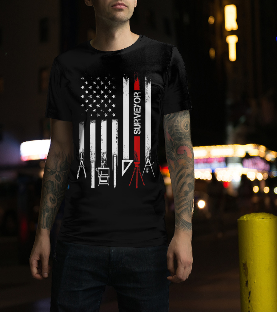 Surveyor American Flag With Tools And Compass Elements T-Shirt