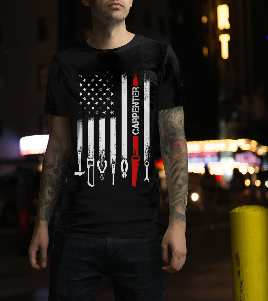 American Flag Carpenter Tools Vertical Stripes Saw Wrench Pliers Hammer T-Shirt