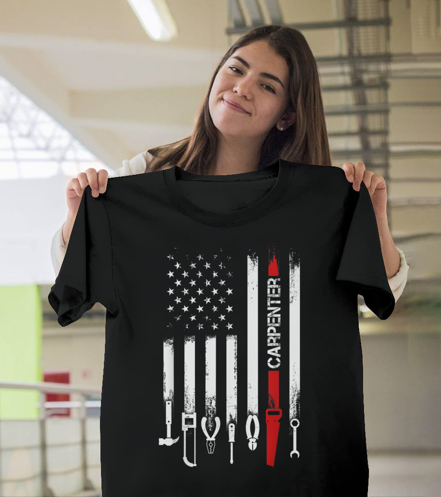 American Flag Carpenter Tools Vertical Stripes Saw Wrench Pliers Hammer T-Shirt