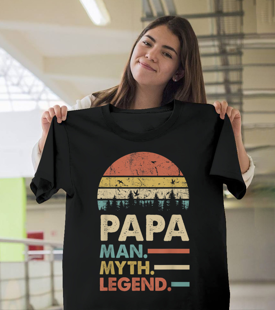 Papa Man Myth Legend Vintage Mens Dad Yx Retro Sunset Forest Birds T-Shirt