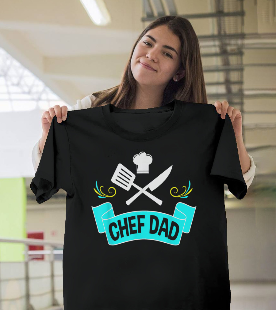 Chef Dad Cooking Daddy Banner With Chef Hat And Cooking Tools T-Shirt