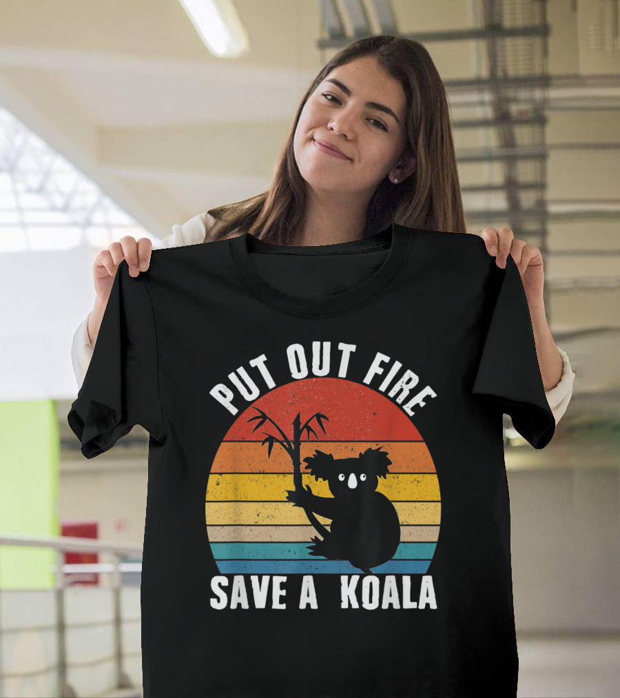 Put Out Fire Save A Koala Silhouette Retro Sunset Stripes T-Shirt