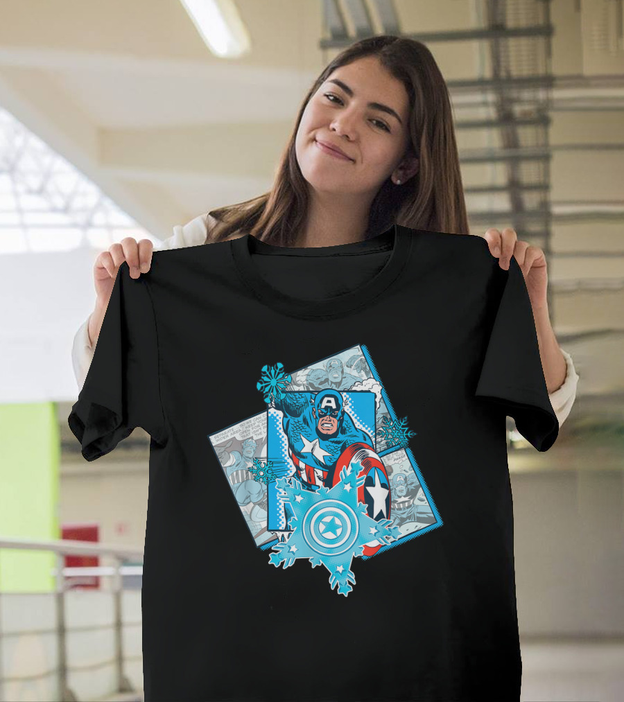 Marvel Captain America Snowflake Comic Holiday Scene T-Shirt