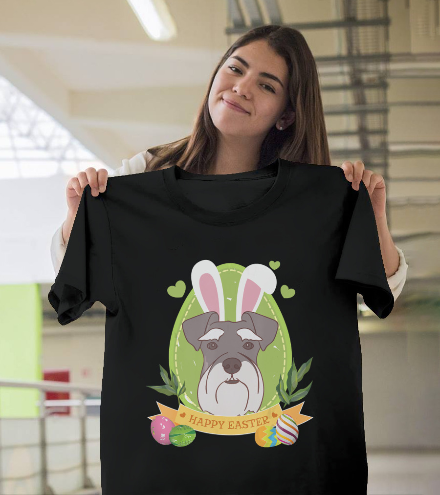 Happy Easter Bunny Schnauzer Dog with Eggs and Hearts T-Shirt