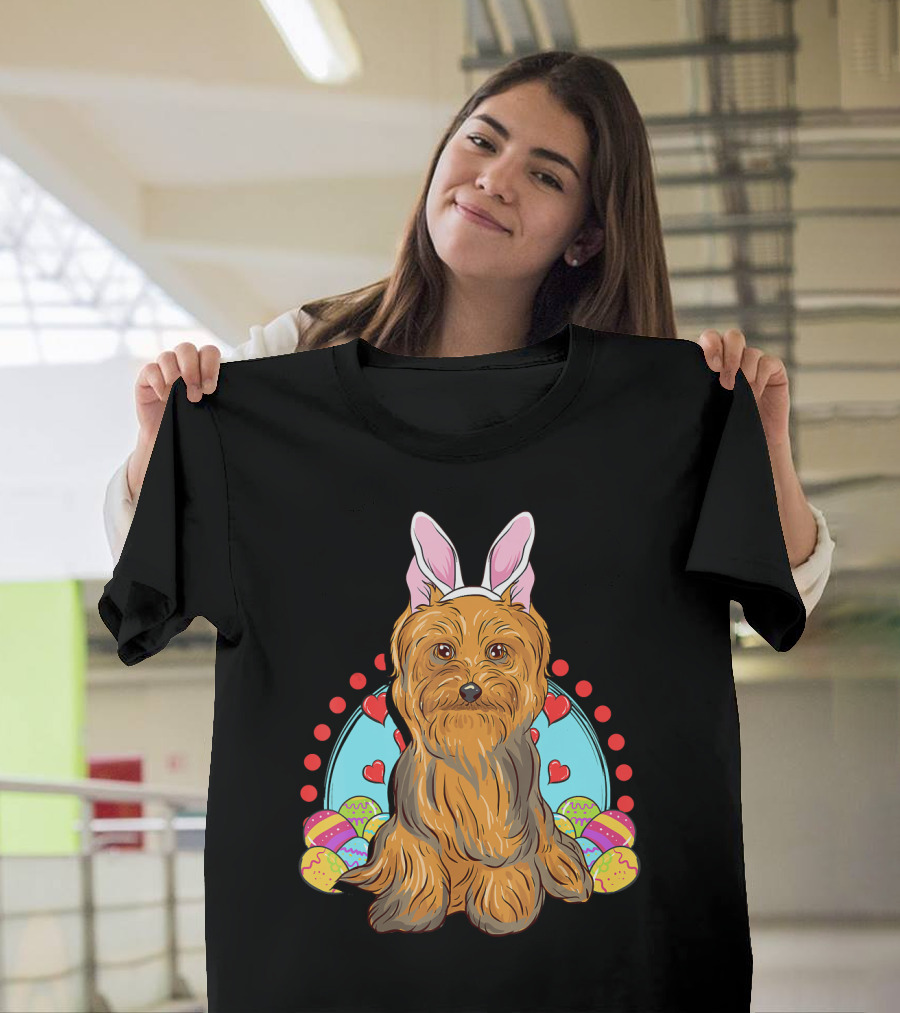 Yorkshire Terrier Yorkie with Bunny Ears and Easter Eggs Hearts T-Shirt