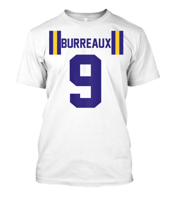 Joe Burreaux Number 9 LSU Louisiana Fan Purple Gold Stripes T-Shirt