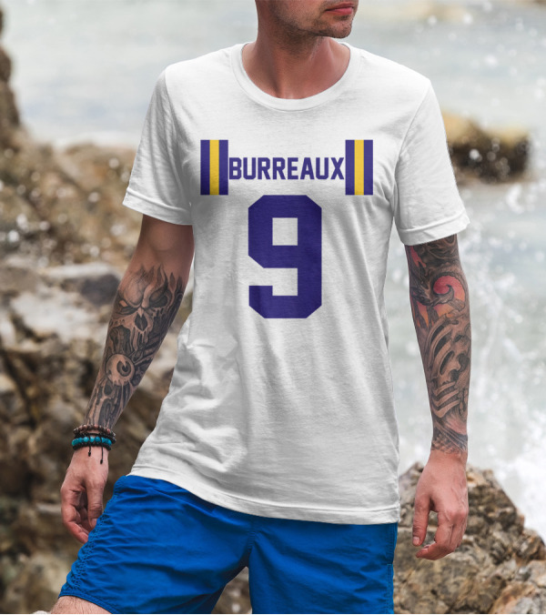 Joe Burreaux Number 9 LSU Louisiana Fan Purple Gold Stripes T-Shirt