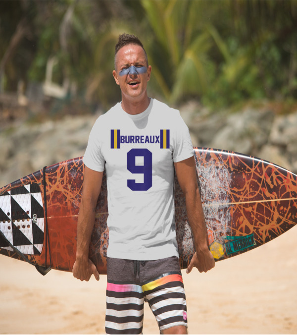 Joe Burreaux Number 9 LSU Louisiana Fan Purple Gold Stripes T-Shirt