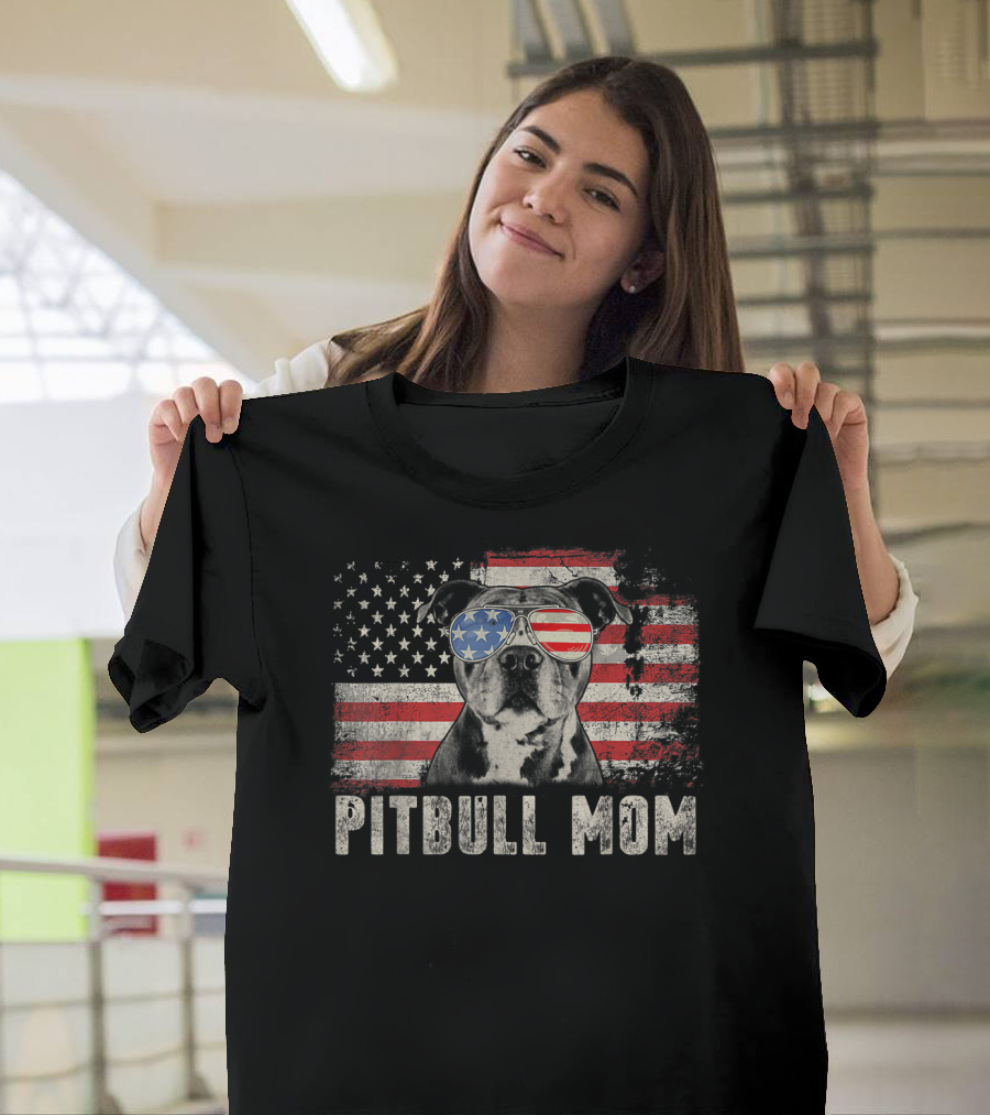 Pitbull Mom American Flag Glasses T-Shirt