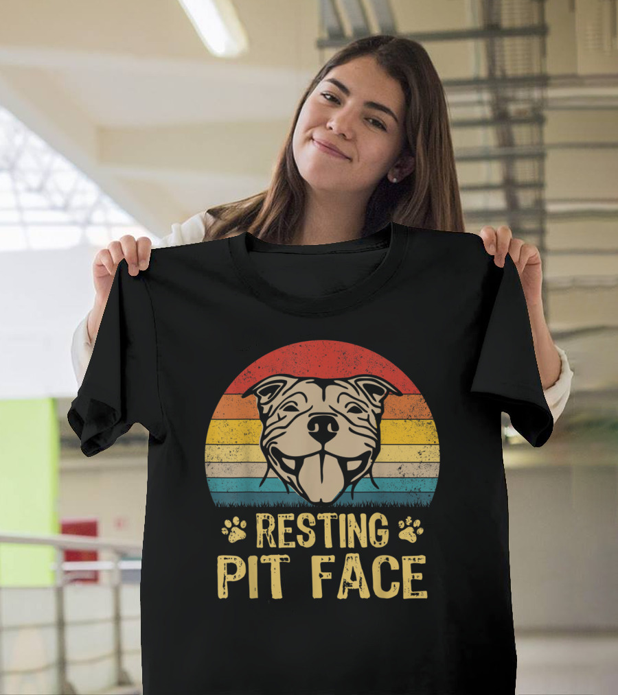 Resting Pit Face Retro Pitbull Dog with Stripes T-Shirt