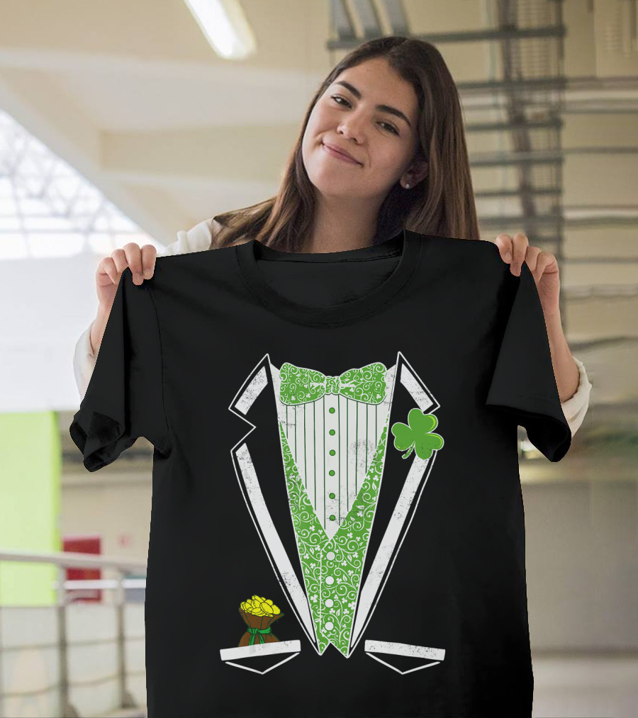 Green Shamrock Bow Tie Irish Leprechaun Tuxedo with Yellow Rose T-Shirt
