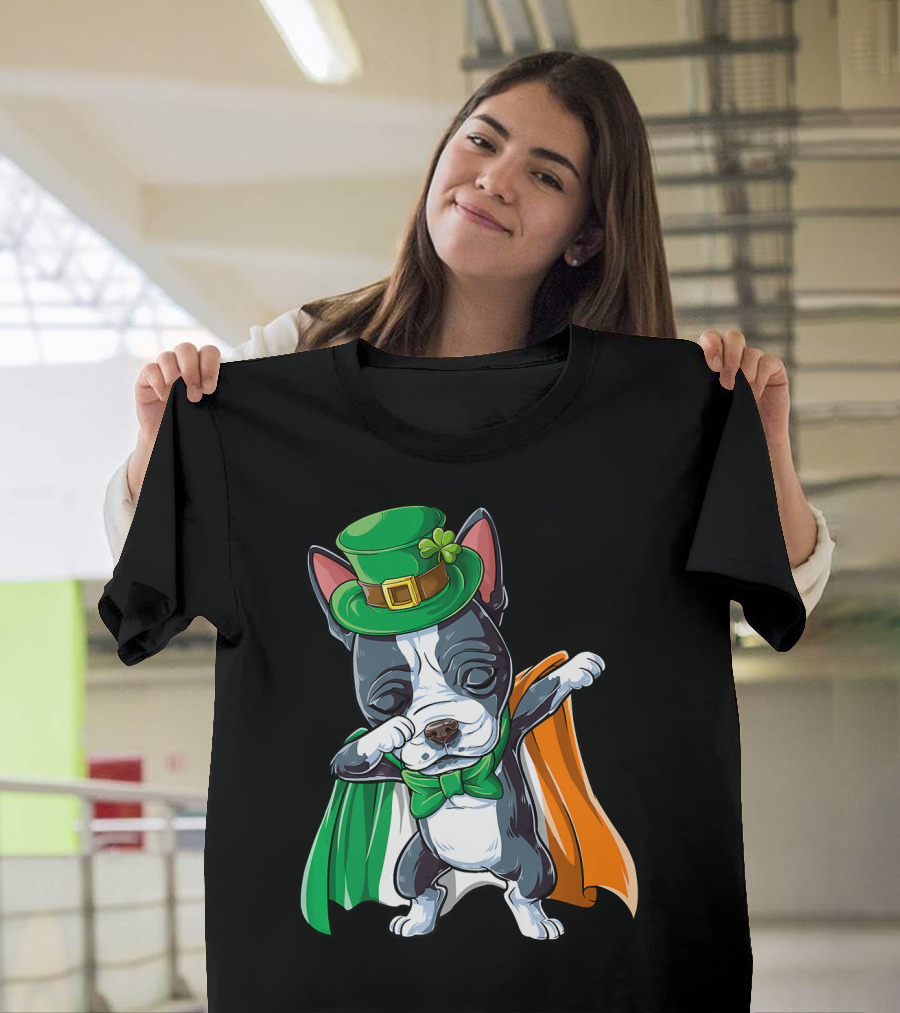 St Patricks Day Dabbing French Bulldog with Leprechaun Hat and Irish Flag Cloak T-Shirt