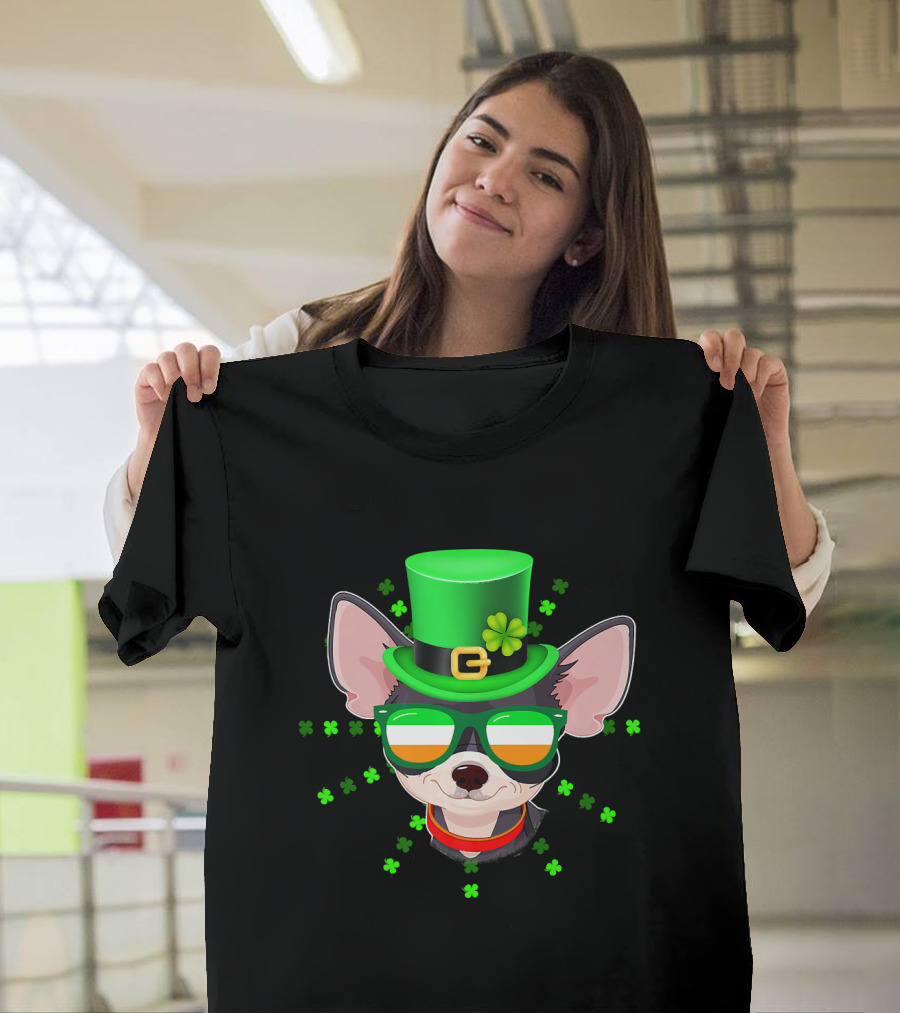 St. Patrick's Day Chihuahua in Green Hat with Irish Flag Shades and Shamrocks T-Shirt