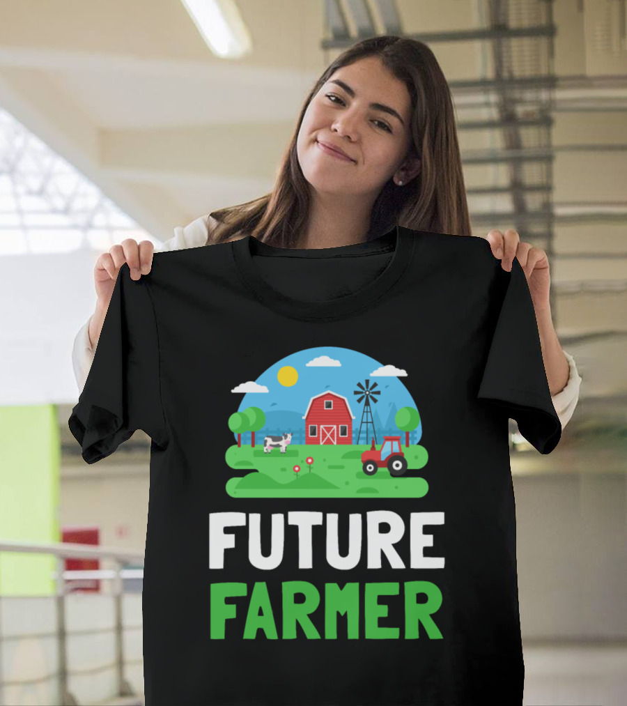Future Farmer Barn Cow Pig Tractor Windmill Countryside Scene T-Shirt