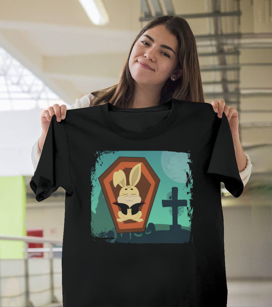 Halloween Animals Cute Rabbit in Coffin with Bat Cape T-Shirt