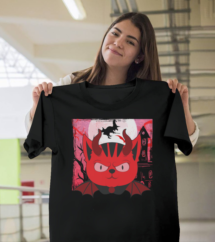 Halloween Devil Cat in Haunted House Scene with Moon and Bats T-Shirt