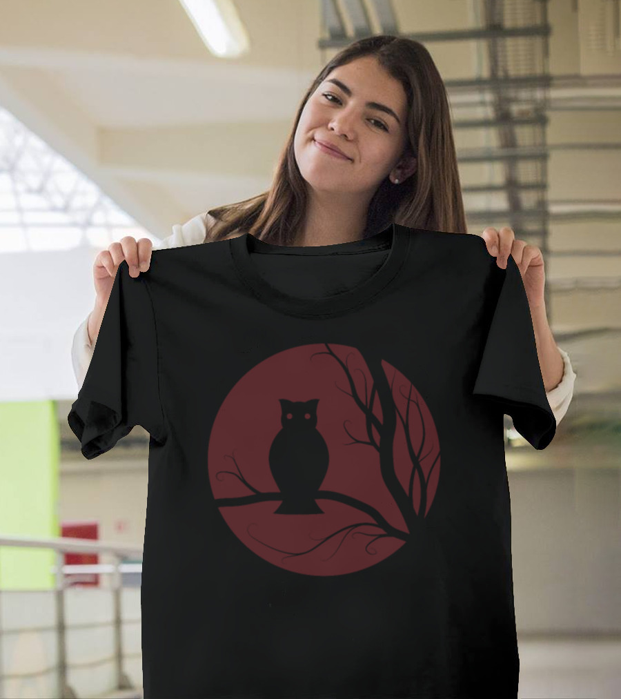 Halloween Owl Silhouette Against Blood Moon and Bare Tree Branches T-Shirt