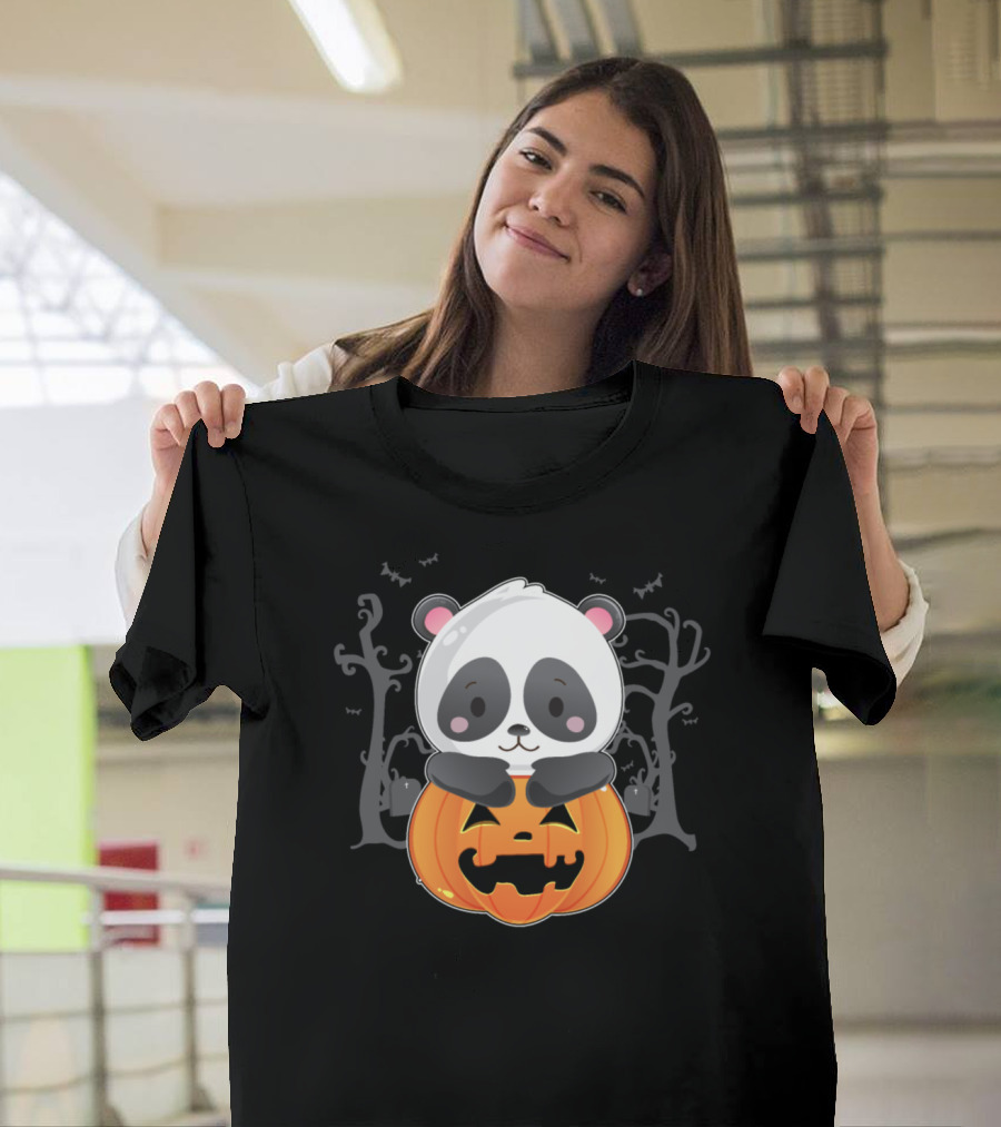 Spooky Halloween Panda Holding Carved Pumpkin with Haunted Trees and Bats T-Shirt