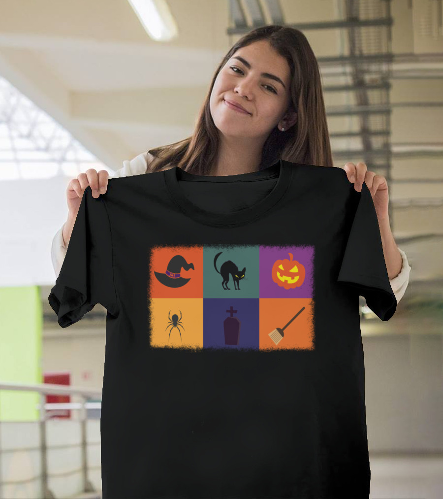 Halloween Witch Hat Cat Pumpkin Spider Tombstone Broom T-Shirt
