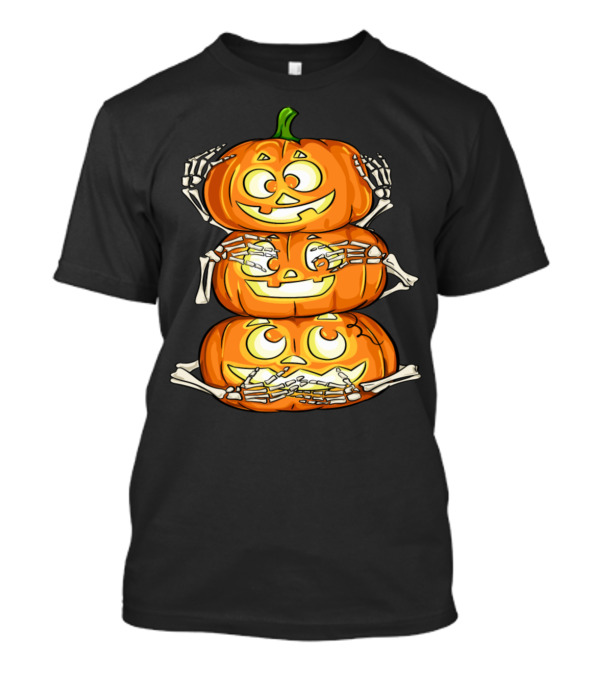 Halloween Three Wise Pumpkins Skeleton Hands Funny Pumpkin T-Shirt
