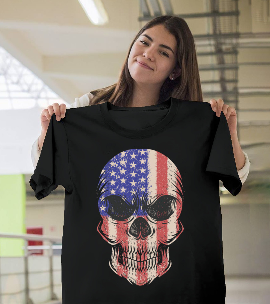 Halloween Deadhead Skull with American Flag Patriot T-Shirt