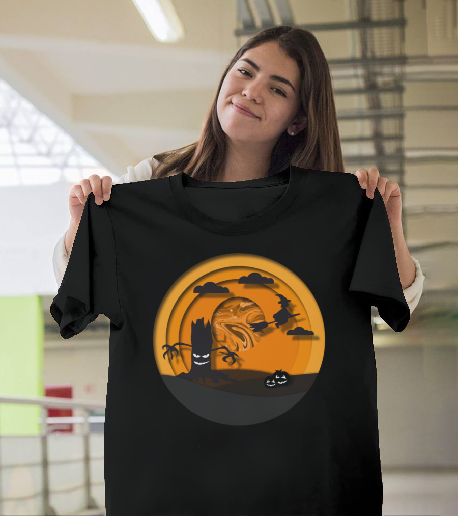 Halloween Witch and Monster Tree Under Orange Moon with Clouds and Pumpkin T-Shirt