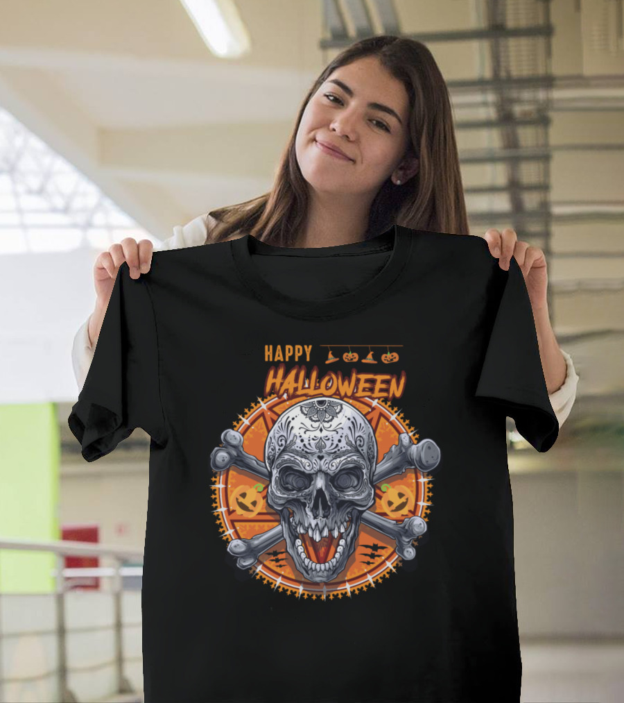 Happy Halloween Skull and Crossbones with Pumpkins and Bats T-Shirt