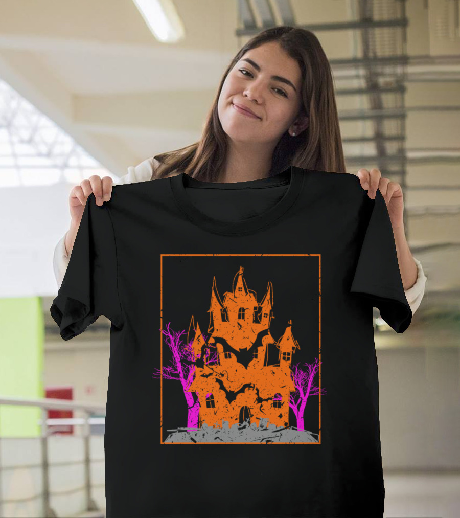 Orange Haunted House with Pink Trees Scary Halloween Present T-Shirt