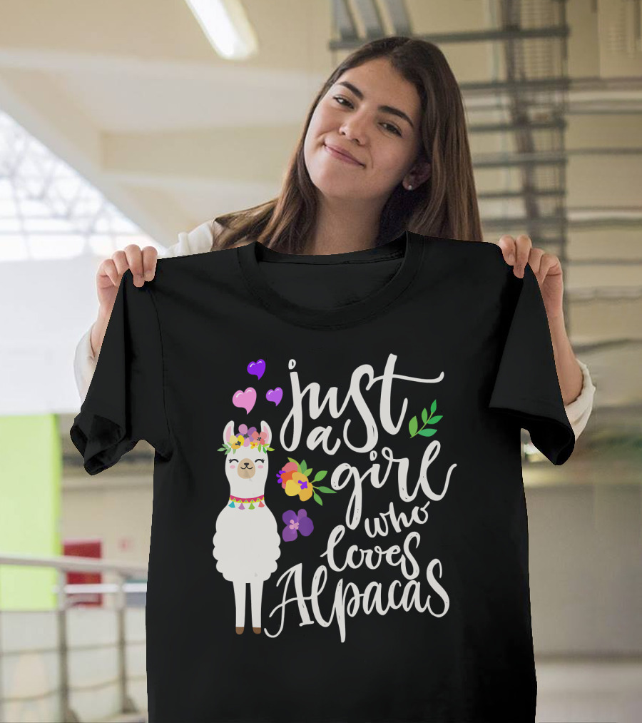 Just a Girl Who Loves Alpacas with Floral and Heart Accents T-Shirt