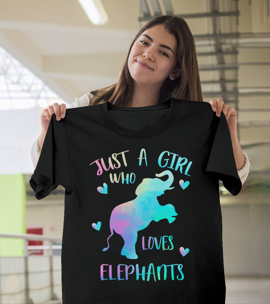 Just A Girl Who Loves Elephants Colorful Watercolor Hearts T-Shirt