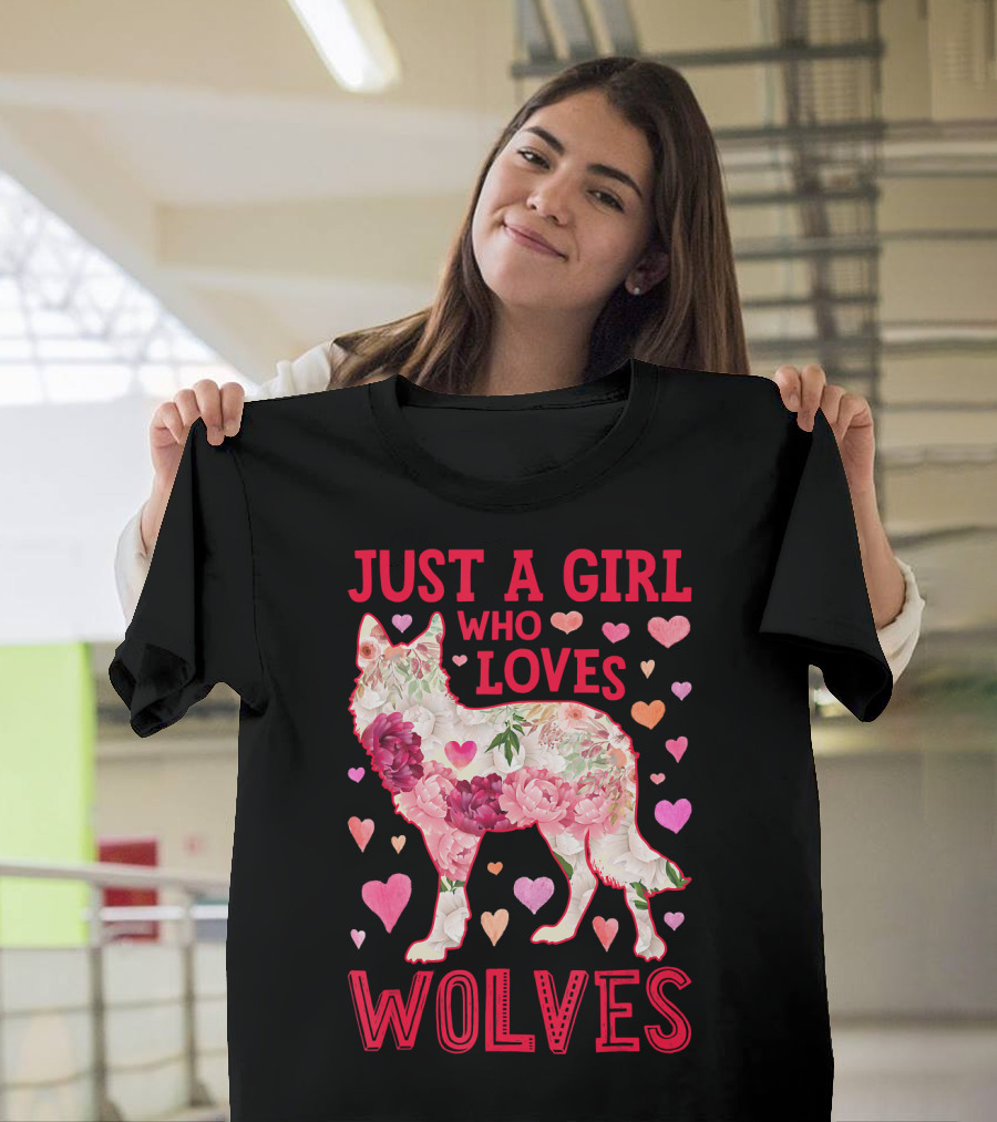 Just A Girl Who Loves Wolves Floral Heart T-Shirt