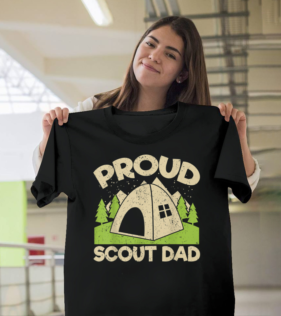 Proud Scout Dad Parent Father of Boy Girl Club Camping Tent Mountain Forest Scene T-Shirt