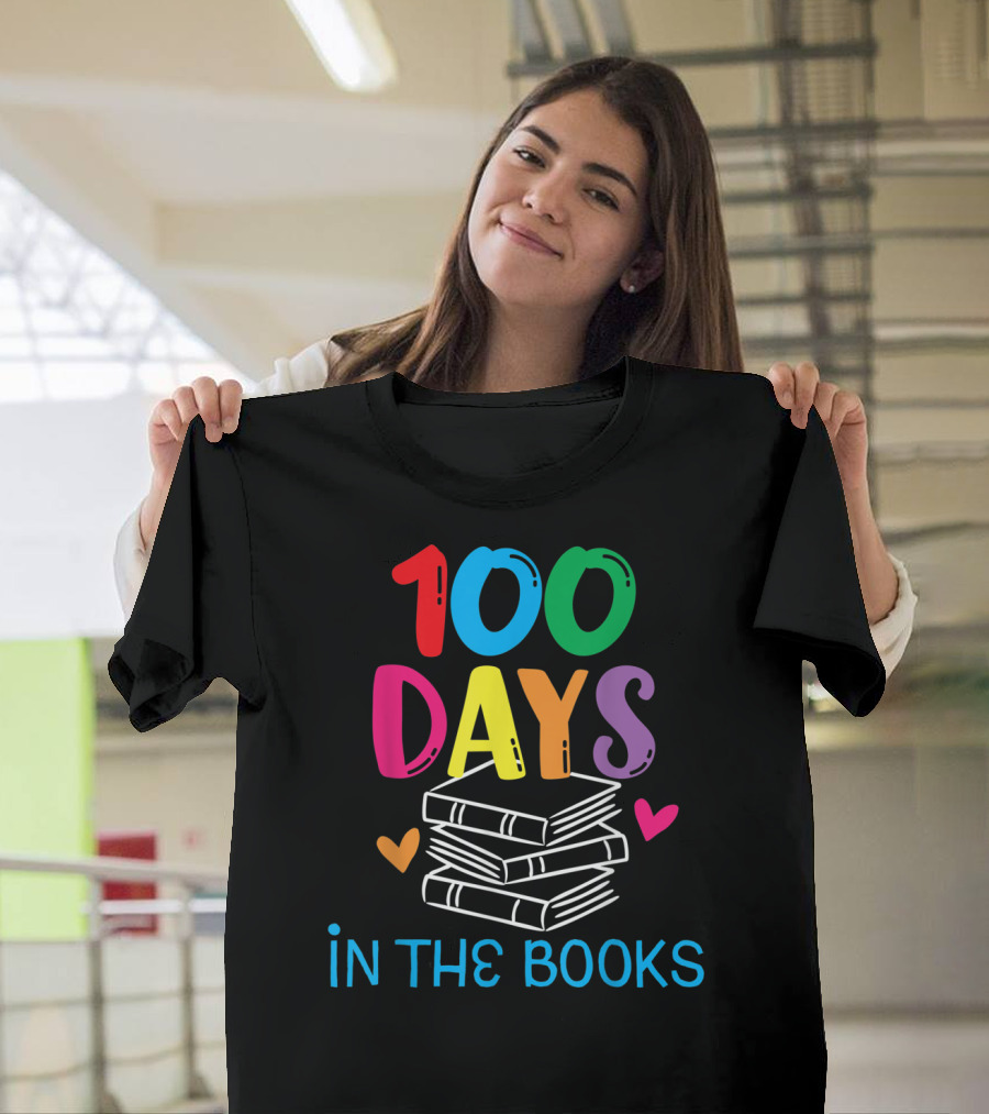 100 Days In The Books Rainbow Text Book Lover Hearts T-Shirt