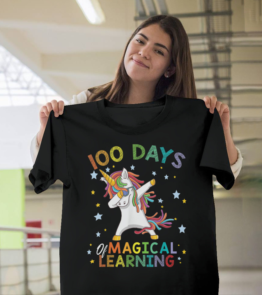 Dabbing Unicorn Celebrates 100 Days of Magical Learning with Colorful Stars T-Shirt