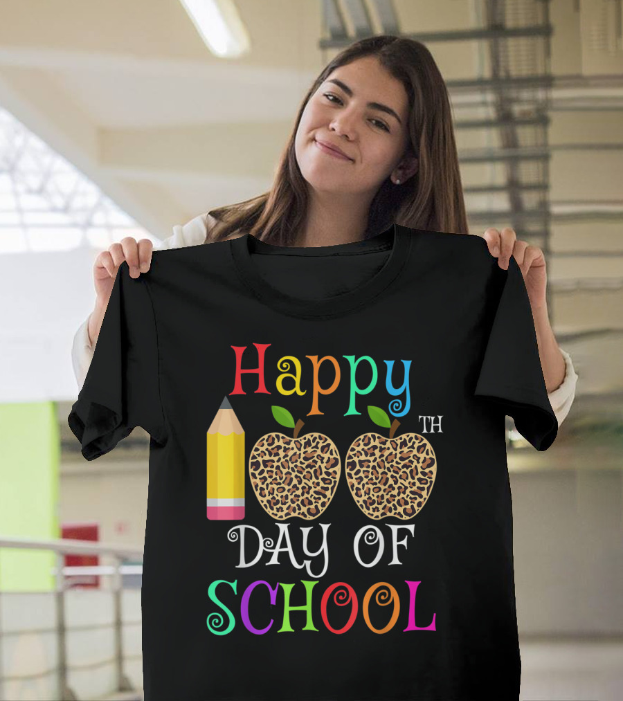 Happy Colorful 100th Day of School with Leopard Print Apples and Pencil T-Shirt