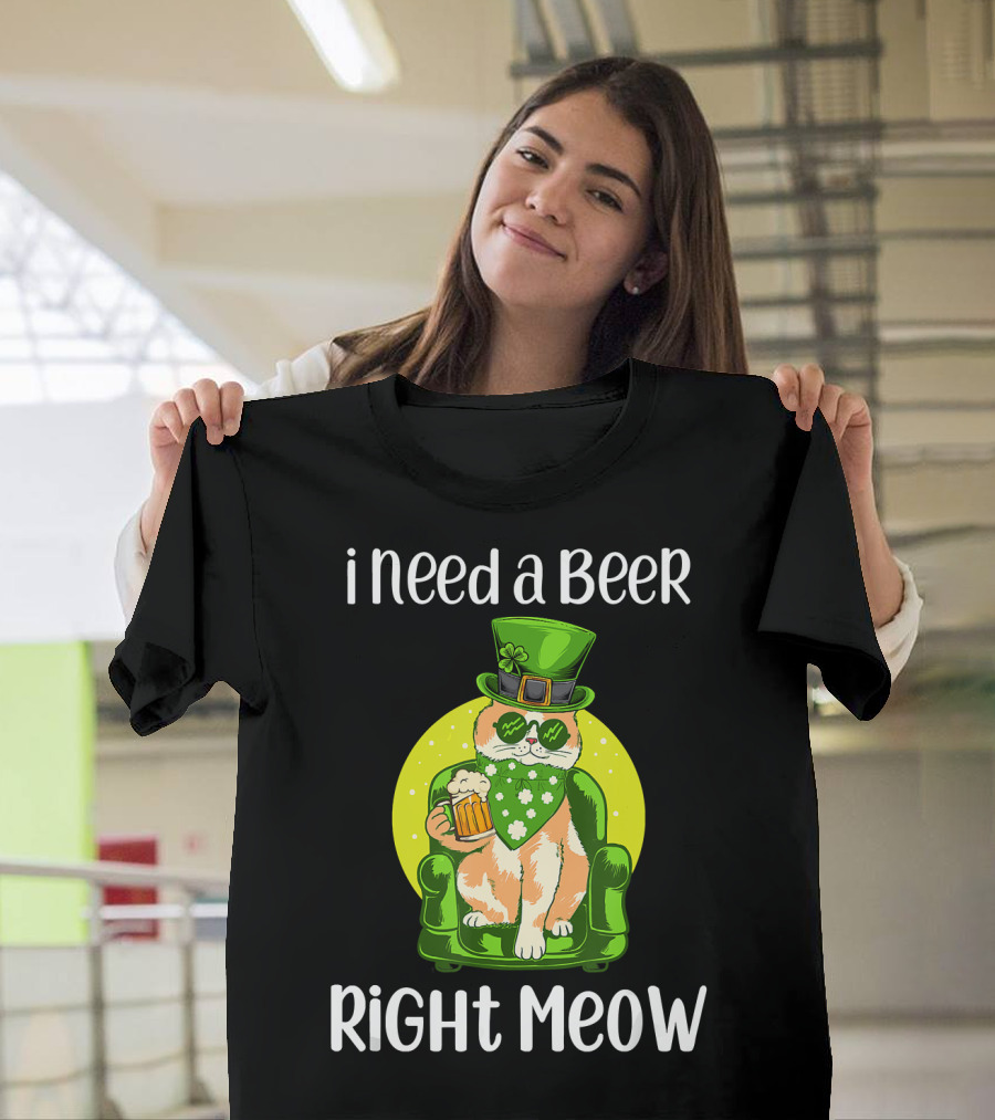 I Need a Beer Right Meow Irish Beer Cat Funny St Patricks Day Drinking T-Shirt