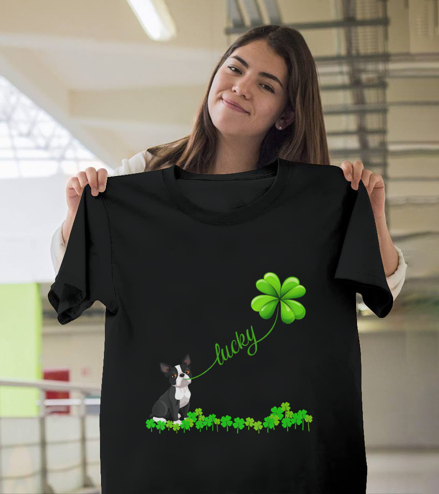 Irish Lucky Boston Terrier with Shamrock T-Shirt