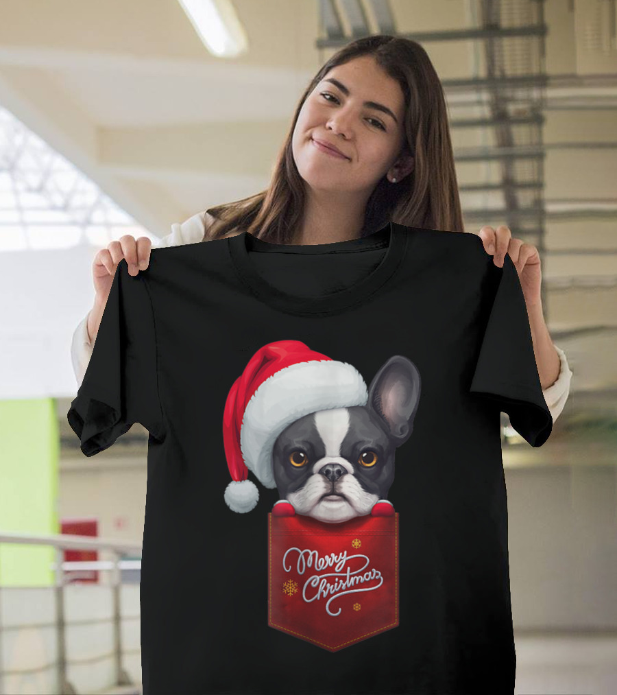 Merry Christmas Black White French Bulldog in Santa Hat Red Chest Pocket T-Shirt