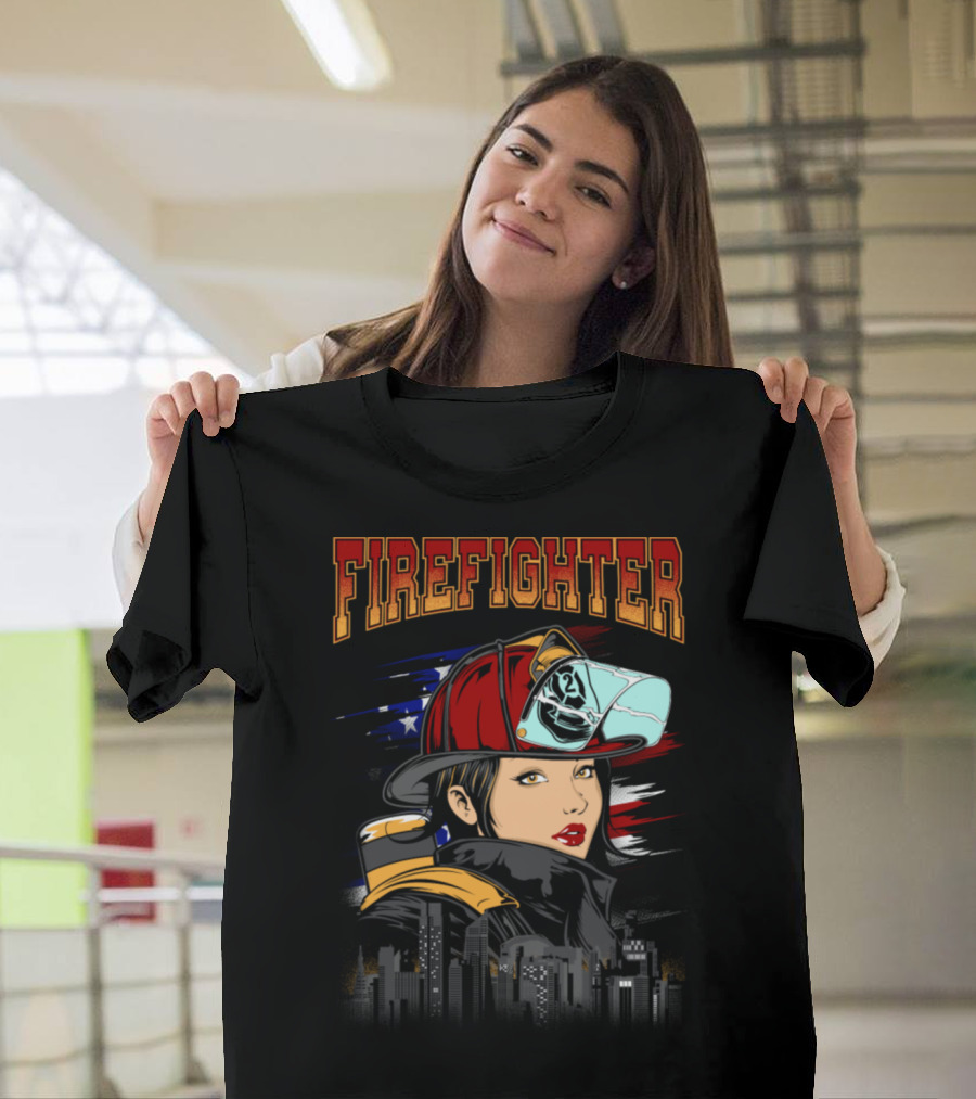 Fierce Female Firefighter with Urban Skyline and American Flag T-Shirt