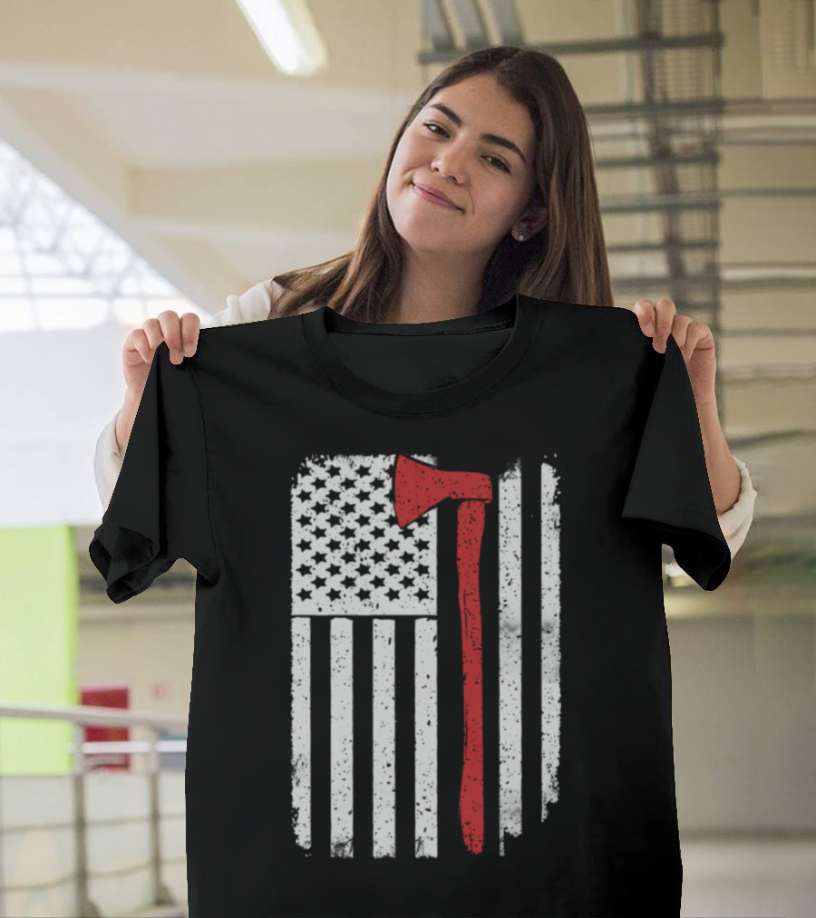 Firefighter Axe American Flag USA T-Shirt